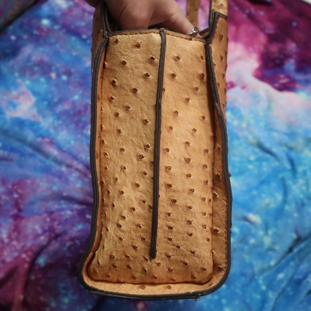 FAUX OSTRICH BAG London Fog Camel Brown Tan Satchel Purse Exotic Leather Buckle - Picture 5 of 16